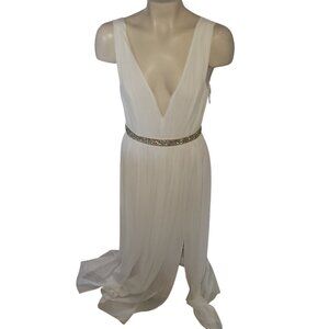 White Sleeveless Deep V-Neck Gown With Gold Glitter Waistband & Pleated Skirt Sm